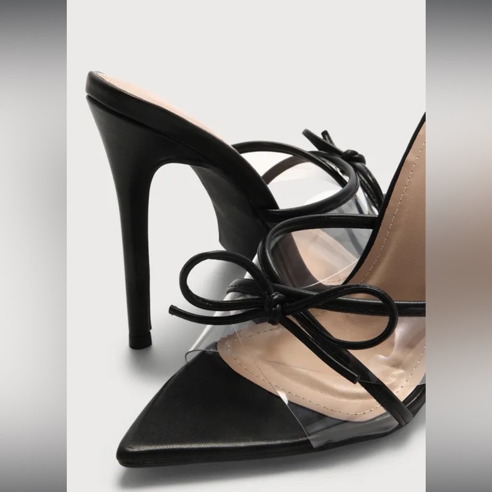 NWOT Lulus Haxy Black Vinyl Pointed-Toe Bow High Heel Sandals - Picture 4 of 14
